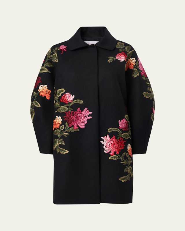 Floral-Embroidered Wool Cocoon Coat